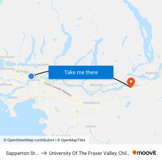 Sapperton Station to University Of The Fraser Valley, Chilliwack BC map