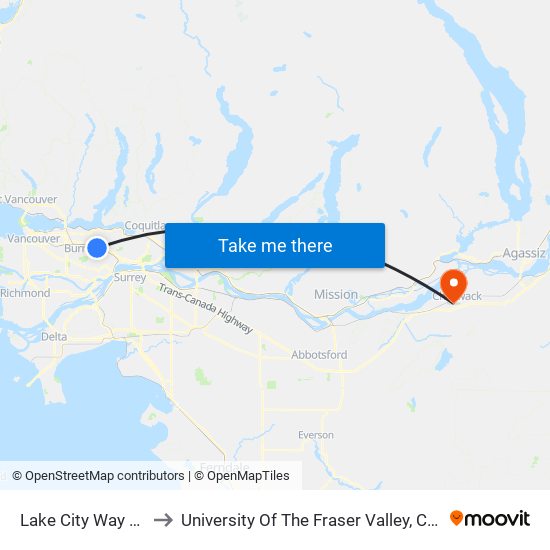 Lake City Way Station to University Of The Fraser Valley, Chilliwack BC map