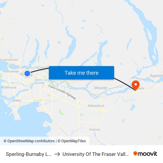 Sperling-Burnaby Lake Station to University Of The Fraser Valley, Chilliwack BC map