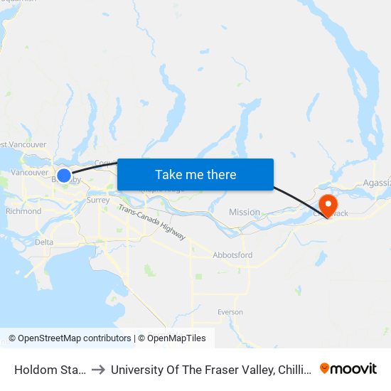 Holdom Station to University Of The Fraser Valley, Chilliwack BC map