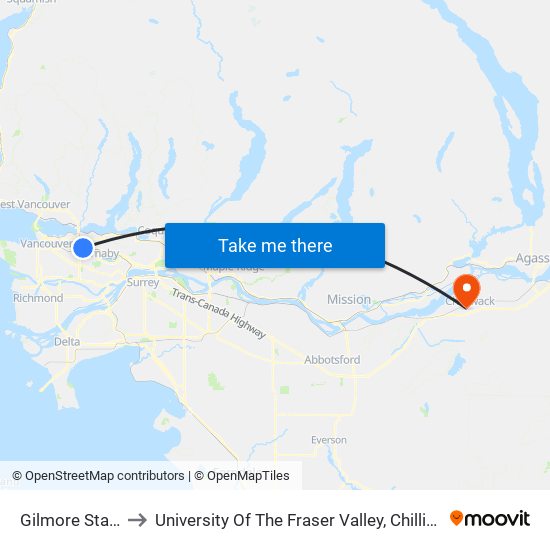 Gilmore Station to University Of The Fraser Valley, Chilliwack BC map