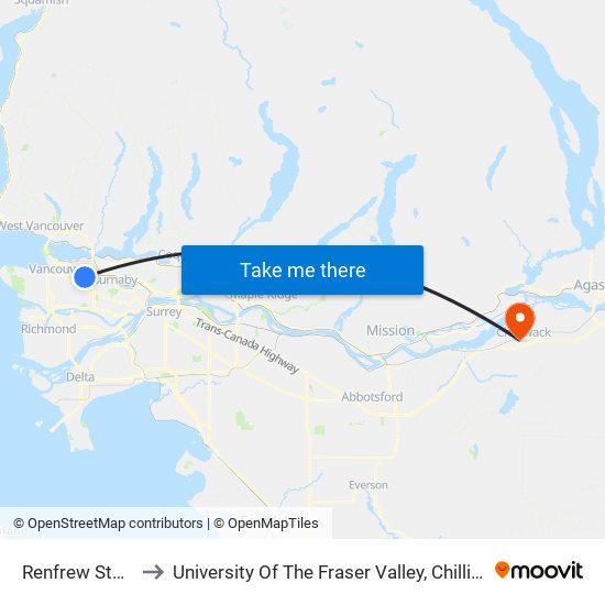 Renfrew Station to University Of The Fraser Valley, Chilliwack BC map