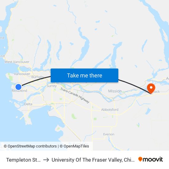 Templeton Station to University Of The Fraser Valley, Chilliwack BC map