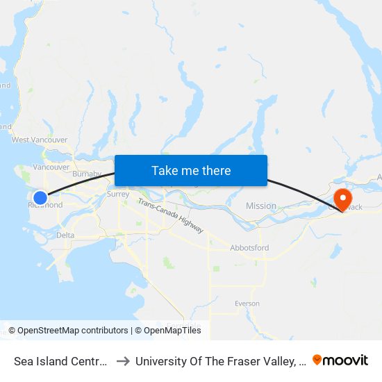 Sea Island Centre Station to University Of The Fraser Valley, Chilliwack BC map