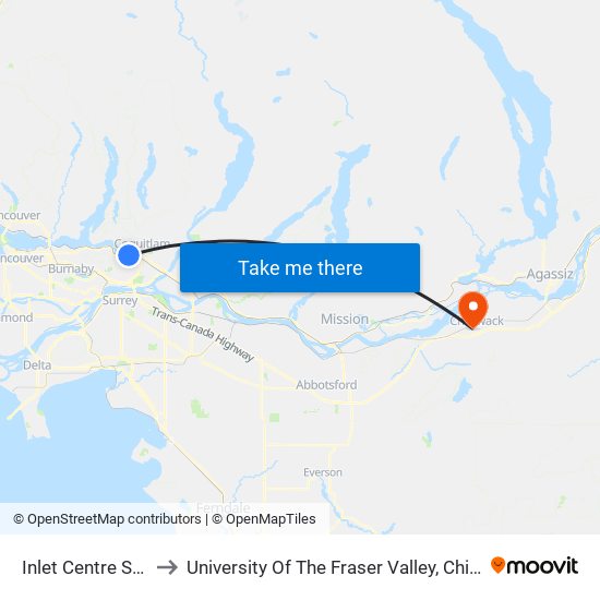 Inlet Centre Station to University Of The Fraser Valley, Chilliwack BC map