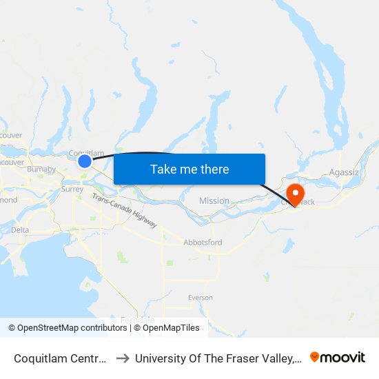 Coquitlam Central Station to University Of The Fraser Valley, Chilliwack BC map