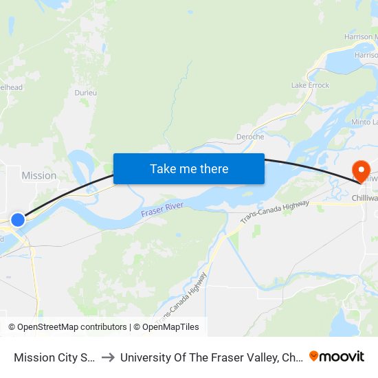 Mission City Station to University Of The Fraser Valley, Chilliwack BC map