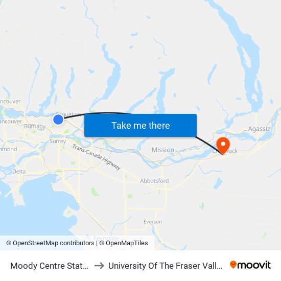 Moody Centre Station @ Bay 1 to University Of The Fraser Valley, Chilliwack BC map