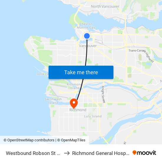 Westbound Robson St @ Hamilton St to Richmond General Hospital Cast Clinic map