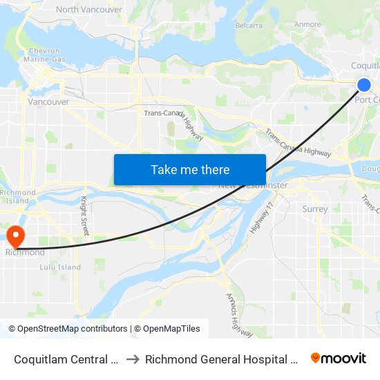Coquitlam Central Station to Richmond General Hospital Cast Clinic map