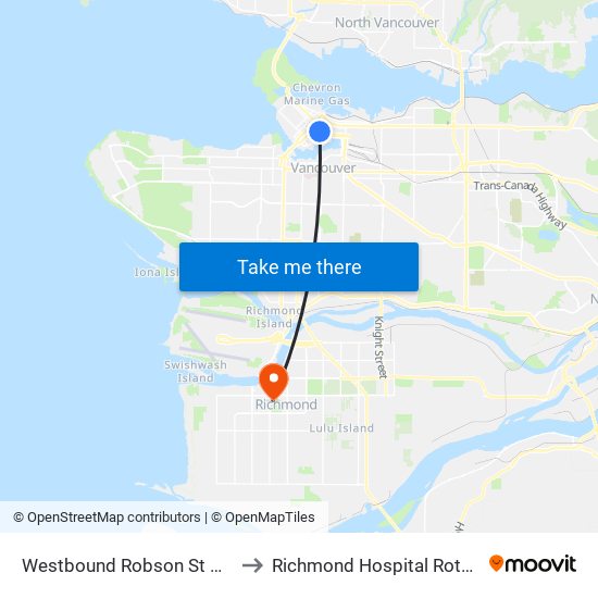 Westbound Robson St @ Hamilton St to Richmond Hospital Rotunda Building map