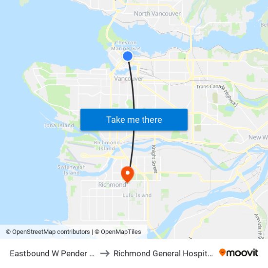 Eastbound W Pender St @ Granville St to Richmond General Hospital Surgical Daycare map