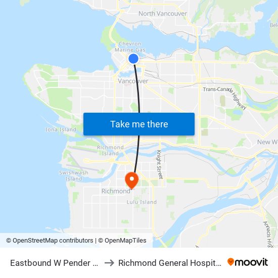 Eastbound W Pender St @ Seymour St to Richmond General Hospital Surgical Daycare map