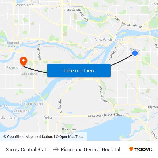 Surrey Central Station @ Bay 4 to Richmond General Hospital Surgical Daycare map