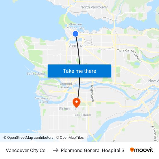 Vancouver City Centre Station to Richmond General Hospital Surgical Daycare map