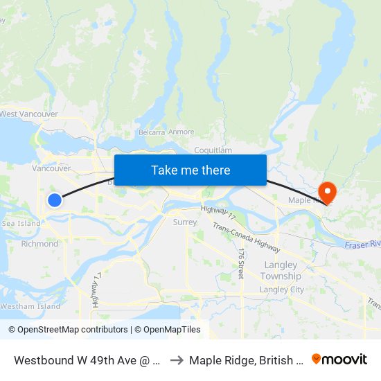 Westbound W 49th Ave @ Manitoba St to Maple Ridge, British Columbia map
