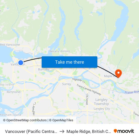 Vancouver (Pacific Central Station) to Maple Ridge, British Columbia map
