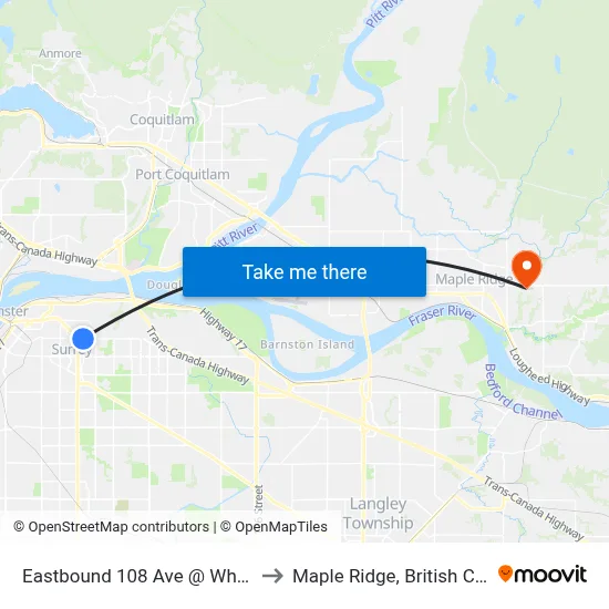 Eastbound 108 Ave @ Whalley Blvd to Maple Ridge, British Columbia map