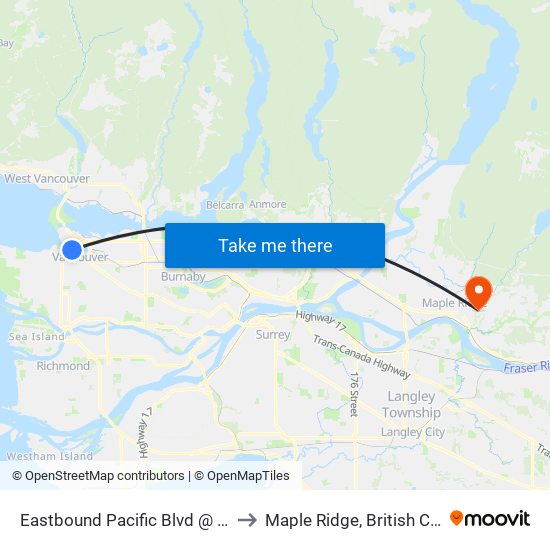 Eastbound Pacific Blvd @ Homer St to Maple Ridge, British Columbia map