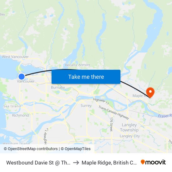 Westbound Davie St @ Thurlow St to Maple Ridge, British Columbia map