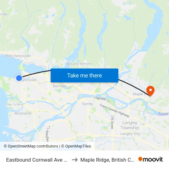 Eastbound Cornwall Ave @ Yew St to Maple Ridge, British Columbia map