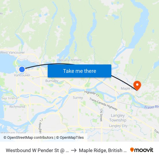 Westbound W Pender St @ Granville St to Maple Ridge, British Columbia map