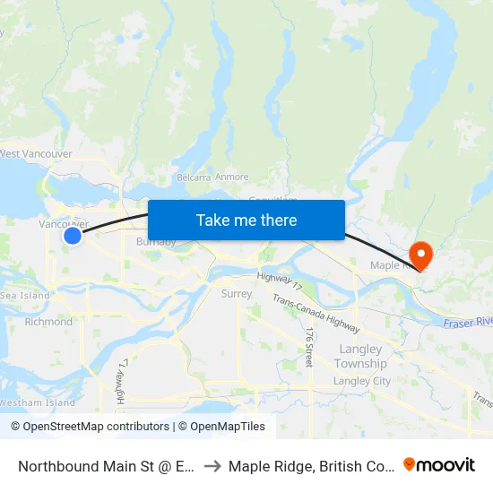 Northbound Main St @ E 18 Ave to Maple Ridge, British Columbia map
