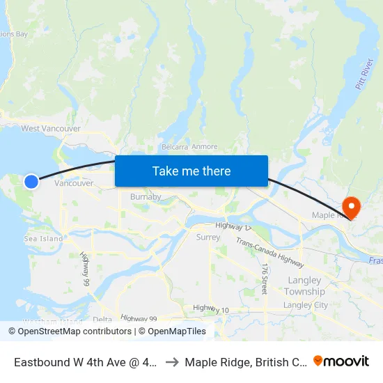 Eastbound W 4th Ave @ 4100 Block to Maple Ridge, British Columbia map