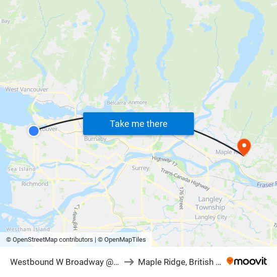 Westbound W Broadway @ Granville St to Maple Ridge, British Columbia map