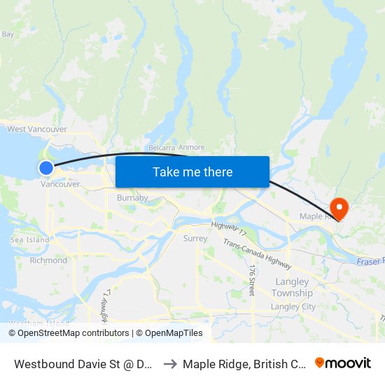 Westbound Davie St @ Denman St to Maple Ridge, British Columbia map