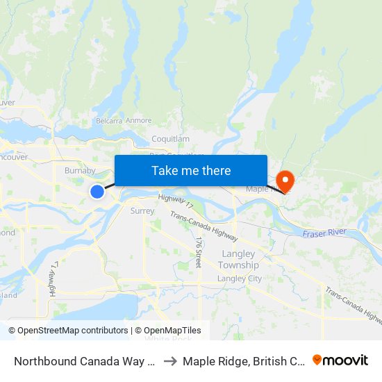 Northbound Canada Way @ 16 Ave to Maple Ridge, British Columbia map