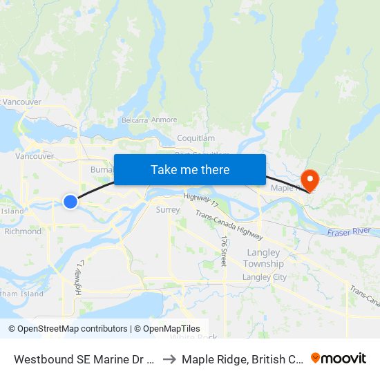 Westbound SE Marine Dr @ Kerr St to Maple Ridge, British Columbia map