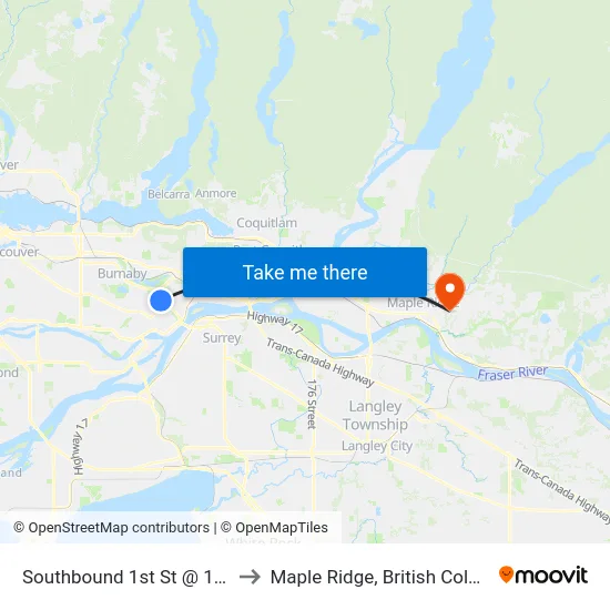 Southbound 1st St @ 16 Ave to Maple Ridge, British Columbia map