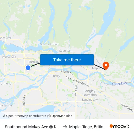 Southbound Mckay Ave @ Kingsborough St to Maple Ridge, British Columbia map