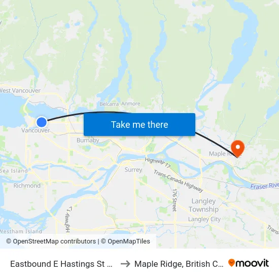 Eastbound E Hastings St @ Main St to Maple Ridge, British Columbia map