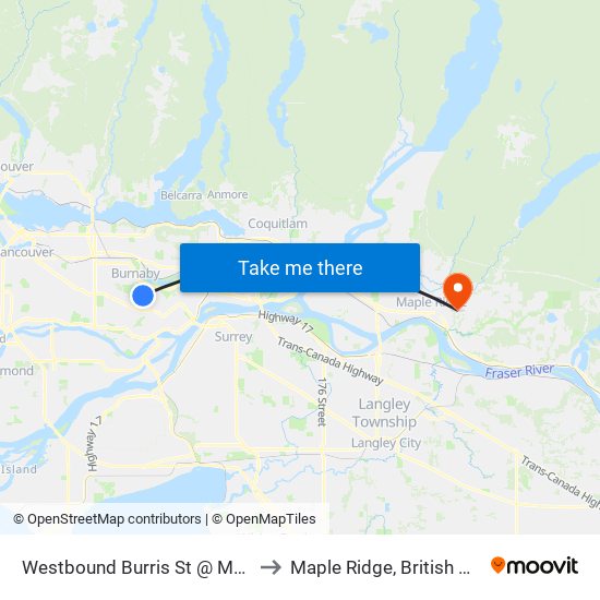 Westbound Burris St @ Malvern Ave to Maple Ridge, British Columbia map