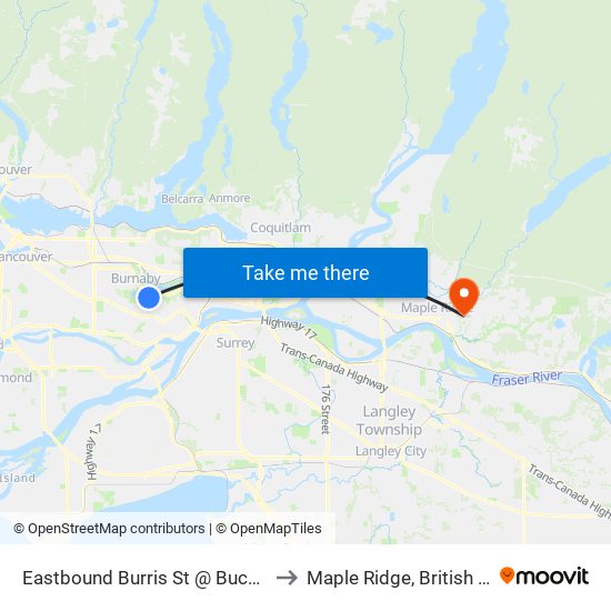 Eastbound Burris St @ Buckingham Ave to Maple Ridge, British Columbia map
