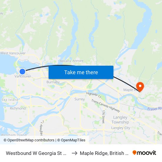 Westbound W Georgia St @ Homer St to Maple Ridge, British Columbia map