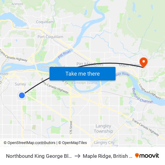 Northbound King George Blvd @ 96 Ave to Maple Ridge, British Columbia map