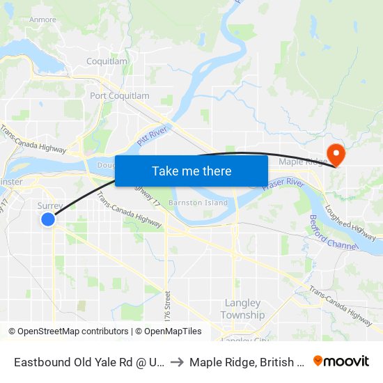 Eastbound Old Yale Rd @ University Dr to Maple Ridge, British Columbia map
