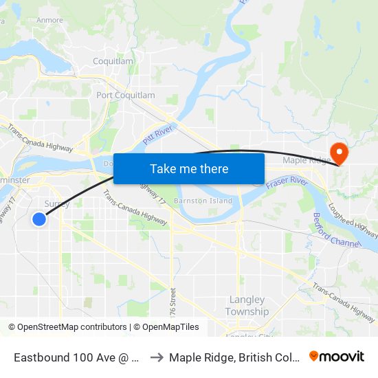Eastbound 100 Ave @ 128 St to Maple Ridge, British Columbia map