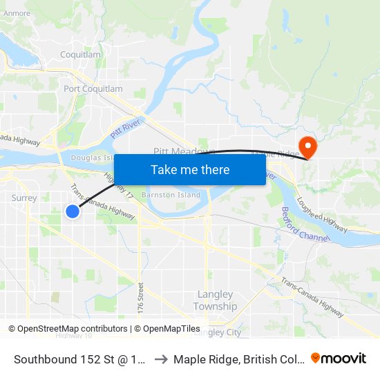 Southbound 152 St @ 101 Ave to Maple Ridge, British Columbia map