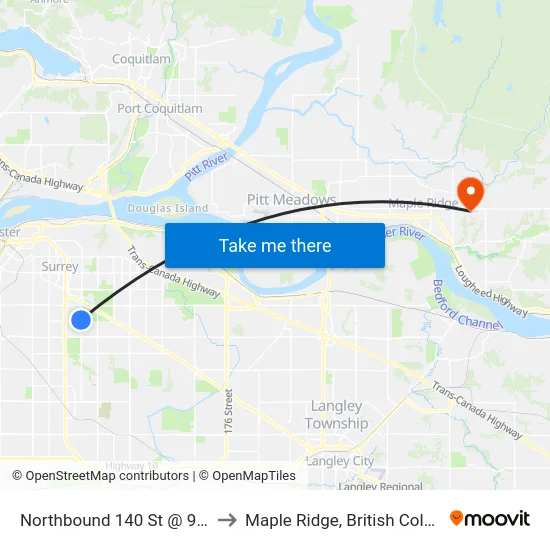 Northbound 140 St @ 92 Ave to Maple Ridge, British Columbia map