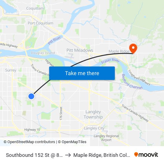 Southbound 152 St @ 84 Ave to Maple Ridge, British Columbia map