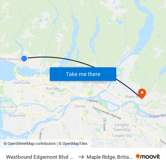 Westbound Edgemont Blvd @ Ridgewood Dr to Maple Ridge, British Columbia map