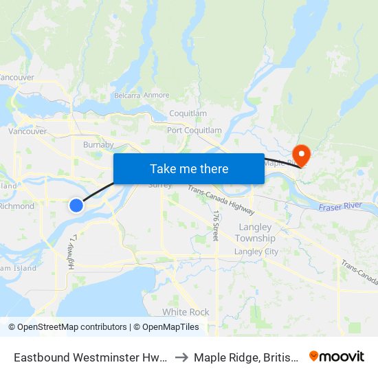 Eastbound Westminster Hwy @ Nelson Rd to Maple Ridge, British Columbia map