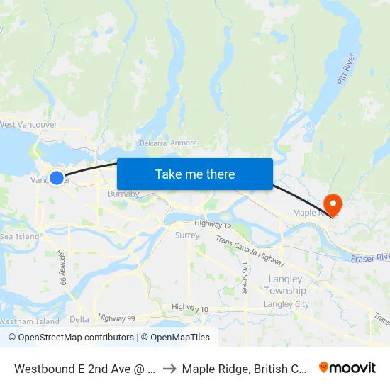 Westbound E 2nd Ave @ Main St to Maple Ridge, British Columbia map