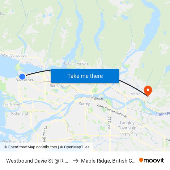 Westbound Davie St @ Richards St to Maple Ridge, British Columbia map