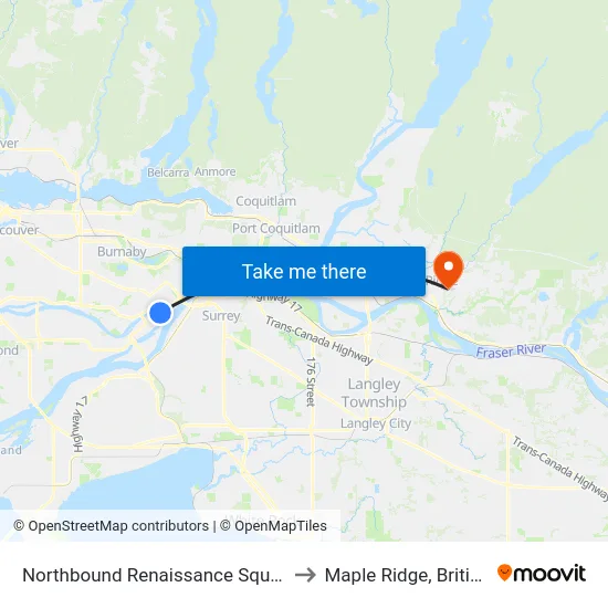 Northbound Renaissance Square @ Quayside Dr to Maple Ridge, British Columbia map