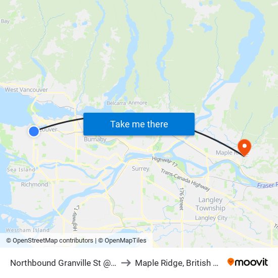 Northbound Granville St @ W 10 Ave to Maple Ridge, British Columbia map